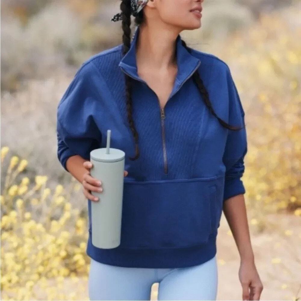 Free People Adeline Moroccan Blue Quarter Zip Sweater XS Layer Gym Athleisure